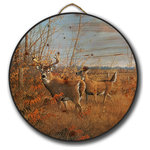 House & Homebody Co. - Round Wall Art, Sumac Buck, 18" Diameter - Our round wall art is printed on a character-rich, 1 1/4 inch knotty pine wood that produces a beautiful rustic appearance. Round wall art is finished to our gallery grade standards with one coat of sealer and two topcoats of a satin finish. Comes with a jute rope hanger and is ready to hang.