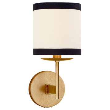Walker Small Sconce in Gild with Cream Linen Shade with Black Linen Trim