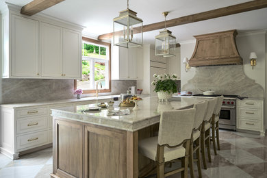Inspiration for a large transitional u-shaped multicolored floor and exposed beam kitchen remodel in New York with shaker cabinets, white cabinets, gray backsplash, stone slab backsplash, an island, gray countertops, an undermount sink, quartzite countertops and paneled appliances