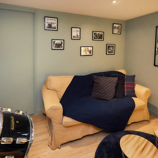 Inspiration for a small industrial enclosed laminate floor and beige floor home theater remodel in Dijon with green walls