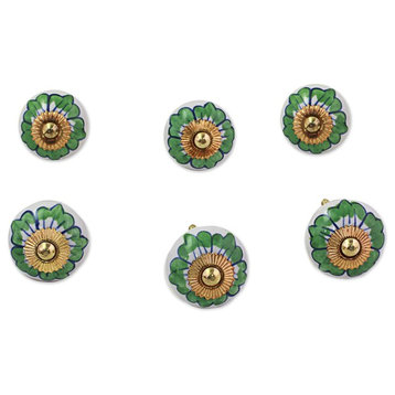 Green Flowers Ceramic Cabinet Knobs, Set of 6