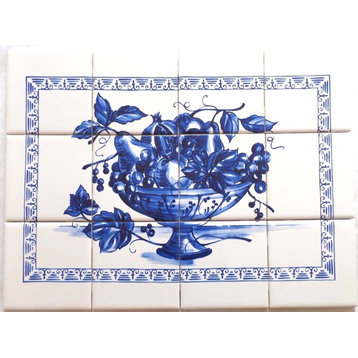 Blue Fruit Kiln Fired Ceramic Tile Mural Backsplash Delft, 12-Piece Set