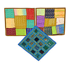 India Decor Toss Pillow Shams, 3 Vintage Patchwork Embroidered Sari