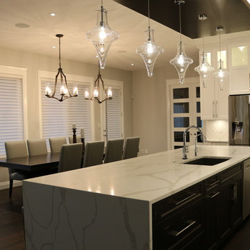 White Bevelled Shaker Kitchen with Dark Maple Island