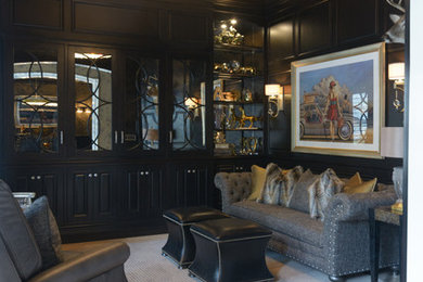 Living room - mid-sized traditional formal and enclosed carpeted living room idea in Charleston with black walls and a concealed tv