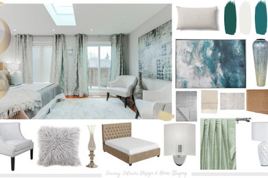 Design ideas for a medium sized modern master and grey and teal bedroom in Manchester with grey walls, dark hardwood flooring and brown floors.