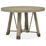 Magnussen - Magnussen Ainsley Round Dining Table in Cerused Khaki - Industrial style gets a light and airy vibe with the soft organic color palette of the Ainsley Dining Collection, featuring a tactile Cerused Khaki finish with a subtle gray wash on exotic, elegant Acacia Solids and Veneers. Adding character to this collection are exquisite book-matched veneers in an X-motif on case fronts, metal ferrules on the base of the round dining table and metal brackets on the edges of the rectangular Parson's leg Dining Table and the Parson's Leg Bench, all in an Industrial Bronze finish. The Display Cabinet combines the book-matched pattern at the bottom of the two doors with glass on the top of each door. Chair choices in the collection include a modified Windsor chair with an upholstered seat and upholstered host and side chairs. Create an uplifting setting in soothing natural colors and textures for memorable meals with the Ainsley Collection.