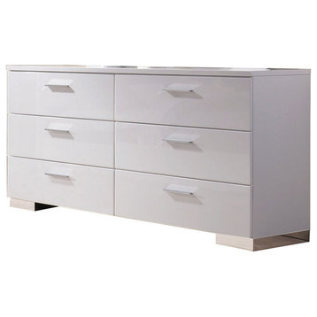High Gloss Finish Wood And Metal Dresser With 6 Spacious Drawers,White