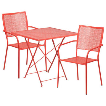 28" Square Coral Indoor-Outdoor Steel Folding Patio Table Set, 2 Back Chairs