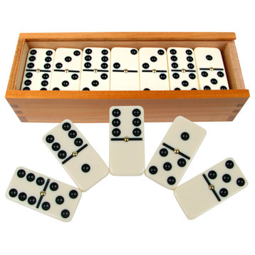 Toy Time Double Six Dominoes Set- 28-Piece Ivory Tiles and Wooden Storage Case