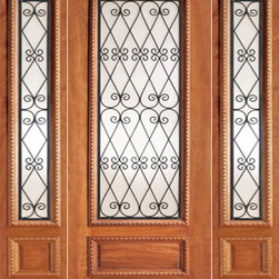 Decorative Iron Scrollwork Glass, Mahogany Prehung Door Two Sidelite - Front Doors