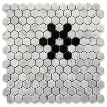 Carrara White 1" Hexagon Black Marble Snowflake Mosaic Tile Polished, 1 sheet