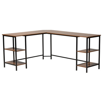 Marinda Walnut Brown L-Shaped Corner Desk with Shelves