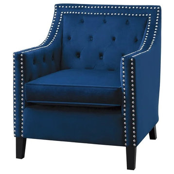 Contemporary Accent Chair, Velvet Seat With Tufted Back and Nailhead, Navy