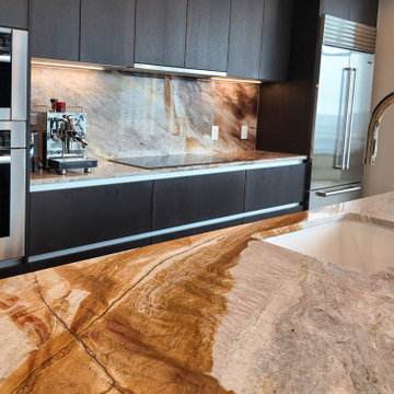 Ibiza Quartzite Kitchen with Waterfall Island, Countertop & Backsplash