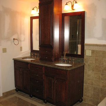 Pompton Plains NJ Master Bathroom - Traditional Dark Cherry Cabs w- Granite Tops