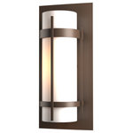 Hubbardton Forge - Banded Outdoor Sconce, Coastal Bronze Finish - Opal Glass - A clean, sleek design that evokes dreams of the Far East is the hallmark of our Banded Collection. True to the collection's name, two handcrafted metal bands, intersected by a bold, vertical bar, encircle the glass and fasten to an aluminum mounting plate.