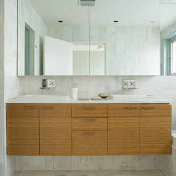custom marble tile, bamboo cabinetry