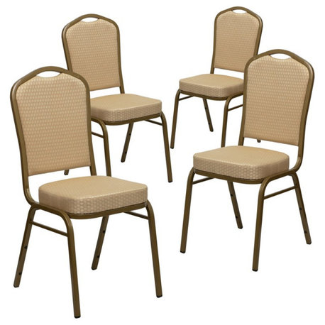 4 Pack Dining Chair, Cushion Seat & Back, Beige Patterned Fabric/Gold