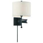 Crystorama - Marshall 1 Light Matte Black Wall Mount - The functional and stylish Marshall task light is versatile enough to fit into any interior. Stylish, modern and minimal, the fixture features a large white silk drum shade on a stately frame producing a soft diffused light that adds warmth to any space. The side to side Swing arm provides focused light and is powered by a dimmable switch to adjust brightness and can be hardwired or plugged into your outlet and. This fixture is both transitional and contemporary, allowing its design to be incorporated easily into any home decor.