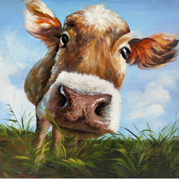 24"x24" Cute Cow Face Canvas Wall Art Print Blue Green Brown