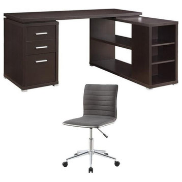 Home Square 2 Piece Set with L Shaped Desk and Office Chair in Cappuccino/Gray