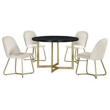 Round 45 x 45 5pc Dining Set with Black Wood Top and Cream Velvet Chairs