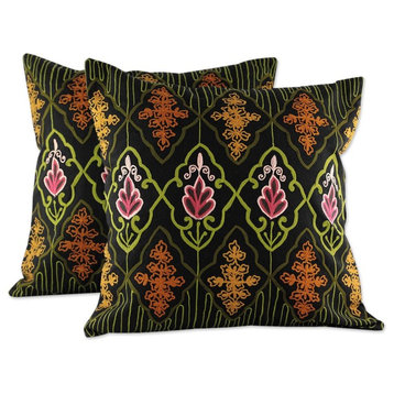 Floral Night Embroidered Cushion Covers, Set of 2