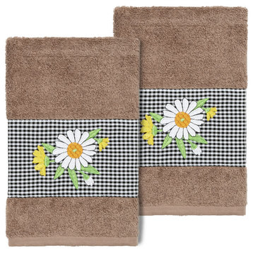 Linum Home Turkish Cotton Daisy 2-Piece Embellished Hand Towel Set, Latte
