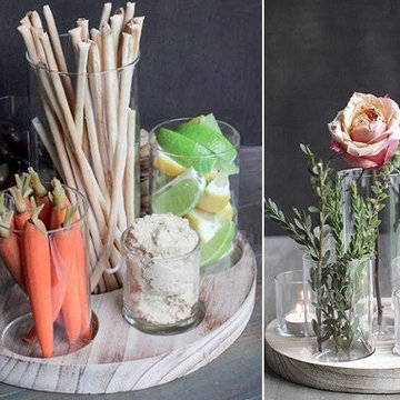 Wood Tray With 7 Glass Pillar Vases