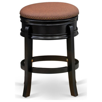 Bar Stool Backless, Round, Brown Roast Pu Leather Seat, 4 Solid Wood Curved Legs