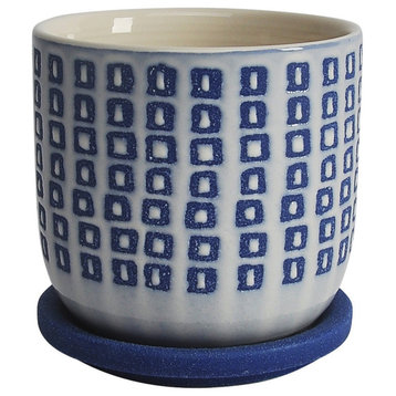 Benzara BM266250 5" Ceramic Planter, Round Saucer, Square Pattern, White/Blue