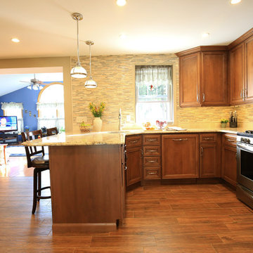 Spacious Transitional Kitchen Remodel | Wood Cabinets & Stone Accent Wall