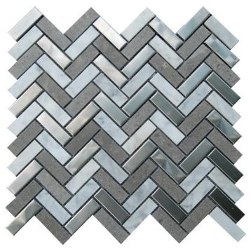 Arrowhead Steel and Marble Herringbone Mosaic, 11"x11" Sheets, Set of 10