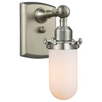Innovations Lighting - Kingsbury 1-Light LED Sconce, Brushed Satin Nickel, Glass: White - The Austere makes quite an impact. Its industrial vintage look transports you back in time while still offering a crisp contemporary feel. This sultry collection has a 180 degree adjustable swivel that allows for more depth of lighting when needed.