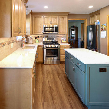 Two Tone Kitchen w/ Eucalyptus Green Island, Beige Quartz Countertops, Wine Bar
