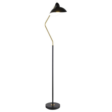 Pemberly Row Mid-Century Metal Floor Lamp with V-Curved Arm in Black and Gold