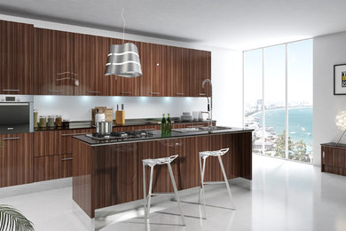 Large minimalist galley porcelain tile and white floor eat-in kitchen photo in Miami with a drop-in sink, flat-panel cabinets, brown cabinets, granite countertops, white backsplash, glass sheet backsplash, stainless steel appliances and an island