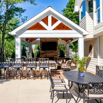 Pool Side Covered Patio with Fireplace and Bar Area