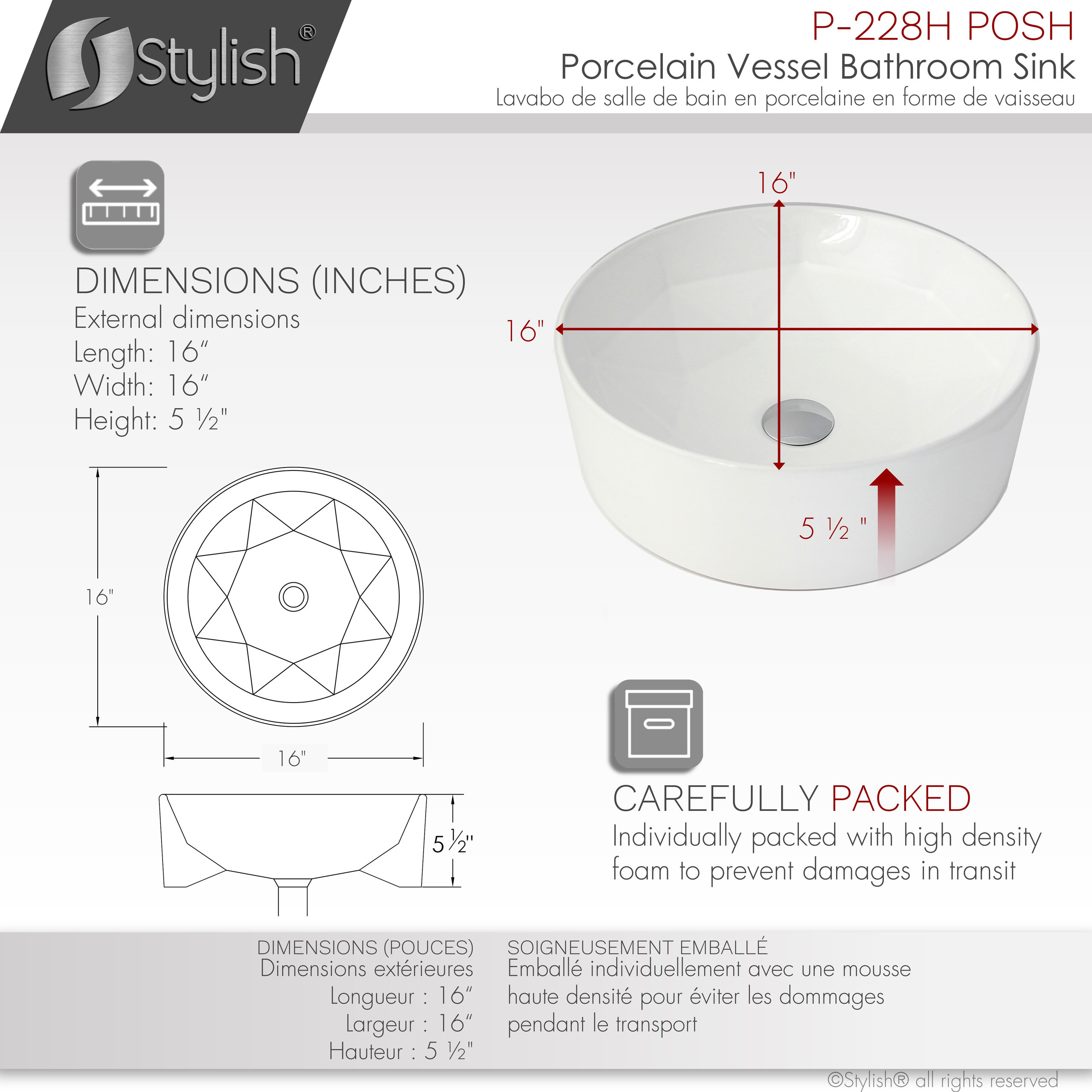 STYLISH Porcelain Round 15-3/4-inches Vessel Ceramic Bathroom Sink White