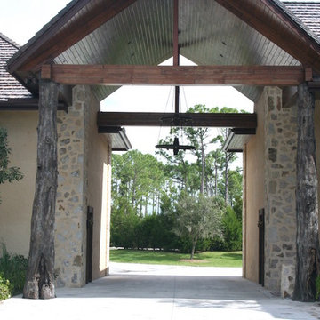 Outdoor Cypress Trunks Clad Red Iron Columns