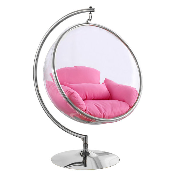 Luna Metal Acrylic Swing Bubble Accent Chair w/ Stand, Pink, Chrome Ba