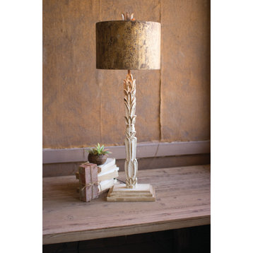 Kalalou Ccg1572 Table Lamp - Carved Wooden Base With Rustic Metal Shade