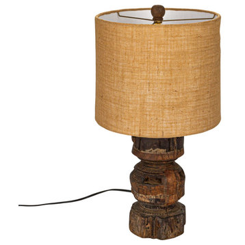 Reclaimed Wood Table Lamp With Jute Shade, Natural and Gold