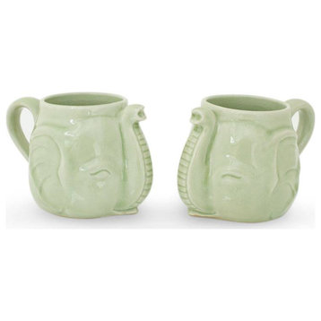 NOVICA Elephant Greeting And Celadon Ceramic Mugs  (Pair)