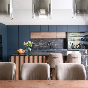 Blue and Oak Handleless Kitchen in Northwood