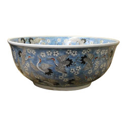 Chinese Off White Cranes Light Blue Base Color Painting Porcelain Bowl - Decorative Bowls
