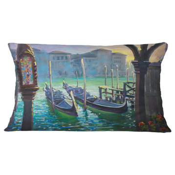 Gondolas in Venice Landscape Painting Throw Pillow, 12"x20"