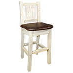 Montana Woodworks - Barstool With Back, Clear Lacquer Finish With Upholstered Seat, Saddle Pattern - From Montana Woodworks , the largest manufacturer of handcrafted, heirloom quality rustic furnishings in America comes the Homestead Collection line of furniture products. Handcrafted in the mountains of Montana using solid, American grown wood, the artisans rough saw all the timbers and accessory trim pieces for a look uniquely reminiscent of the timber-framed homes once found on the American frontier. Grab a cold drink and seat yourself on this fine example of rustic style and charm. This bar stool is the perfect finishing touch for your bar or bistro table. Seat height is 30", perfect for most bars and higher tables or just to sit at the breakfast bar. Seat width is 18.5", seat depth is 17" This model features the comfy upholstered seat in the saddle pattern. Comes fully assembled. Capacity 350 pounds. This item comes professionally finished with a premium grade lacquer finish. 20-year limited warranty included at no additional cost.