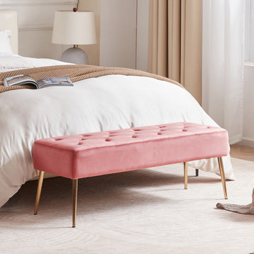 Button Tufts Bedroom Bench, Pink-Velvet